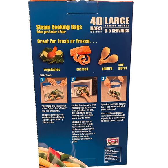 Ziploc Zip’n Steam Large Bags 40 Count Box NEW Discontinued 3-5 Servings 10X10” - Picture 5 of 9
